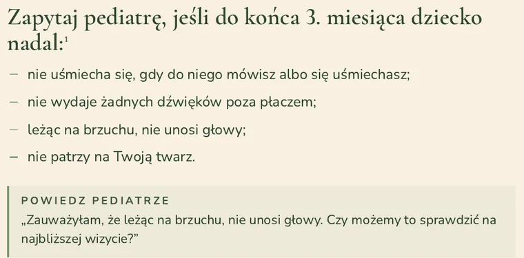 Wycinek końca modułu 3: Zapytaj pediatrę, jeśli do końca 3. miesiąca dziecko nadal…, z gotowym zdaniem do pediatry