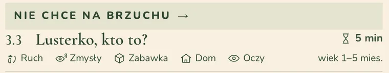 Wycinek strony modułu 3: NIE CHCE NA BRZUCHU, zabawa 3.3 Lusterko, kto to?, 5 minut, wiek 1–5 mies.