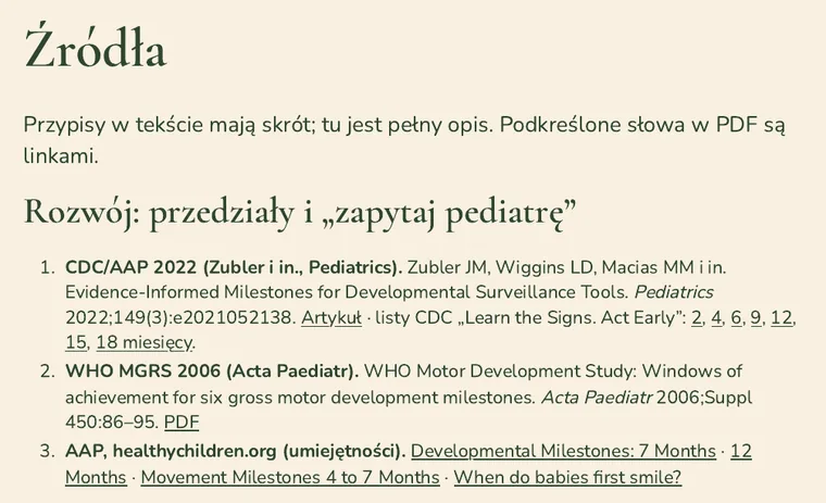 Wycinek strony Źródła: CDC/AAP 2022 Zubler i in., WHO MGRS 2006, AAP healthychildren.org, z linkami